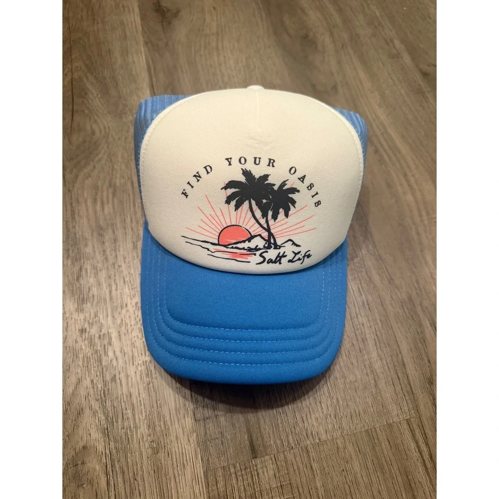 Salt Life Find Your Oasis Trucker Hat Blue White Mesh Snapback Cap Beach NEW